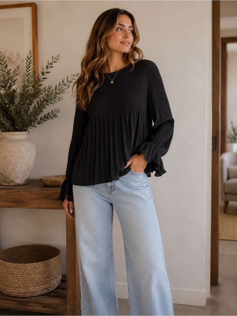 Nine West Black Pleated Blouse